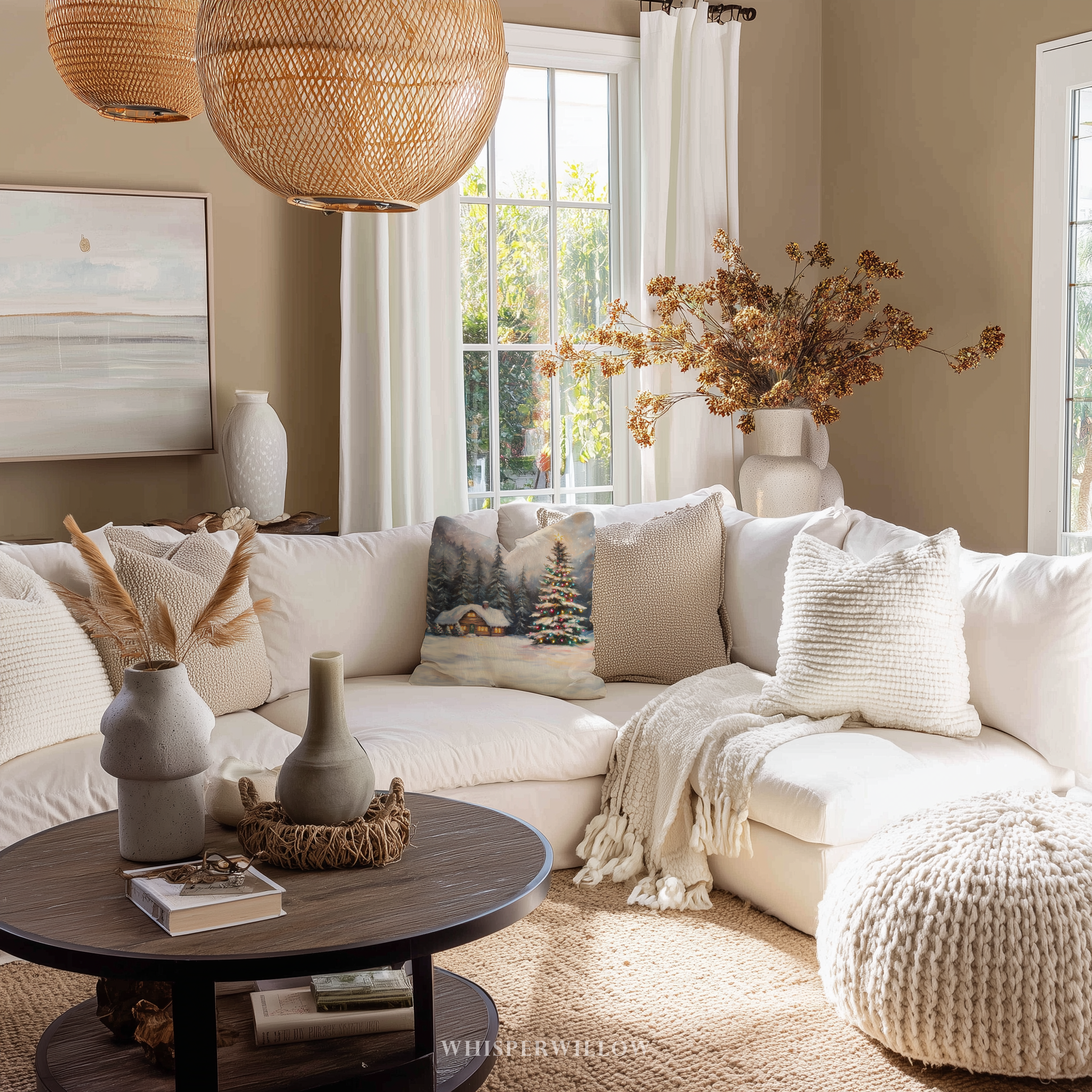 Gemütliches Hütten-Dekokissen – Weihnachtslichter-Winterwunderland-Kissen