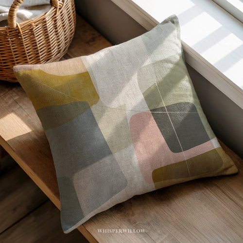 Abstract Geometric Throw Pillow | Modern Minimalist Neutral Blush | Blue Gold Lumbar Accent Cushion | Contemporary Home Decor Gift by WhisperWillow Studios