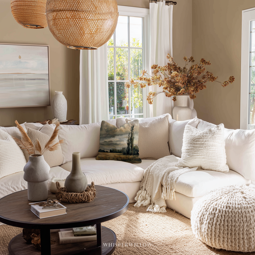 Dekokissen „Stimmungsvolles Landhaus“ – Gewitterlandschaft mit Feld und Baum