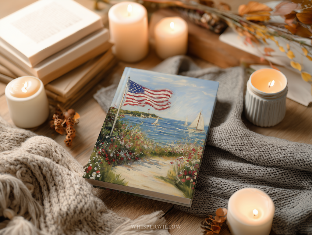Coastal American Flag Hardcover Journal, Sailboat Wildflower Design, Independence Day Notebook, 8x5.75 Lined Pages Gift