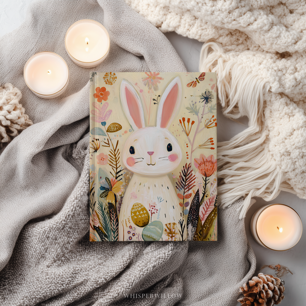 Whimsical Easter Bunny Hardcover Journal, Floral Meadow Spring Eggs Design, Cute Pastel Stationery Gift, 8x5.75 Lined Pages Gift