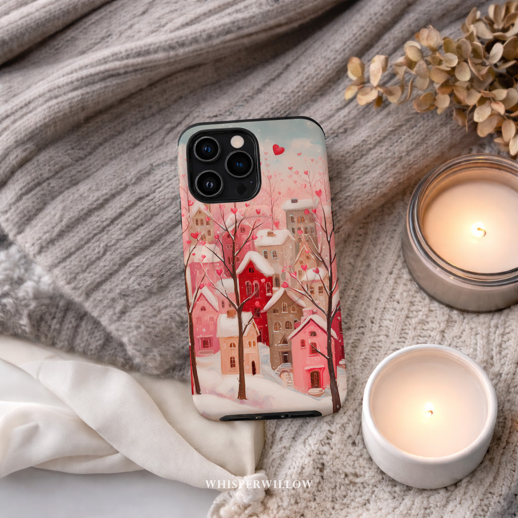 Romantic Winter Village Phone Case | Compatible with MagSafe & iPhone | Pink Heart Snow Town Aesthetic Protective Cover