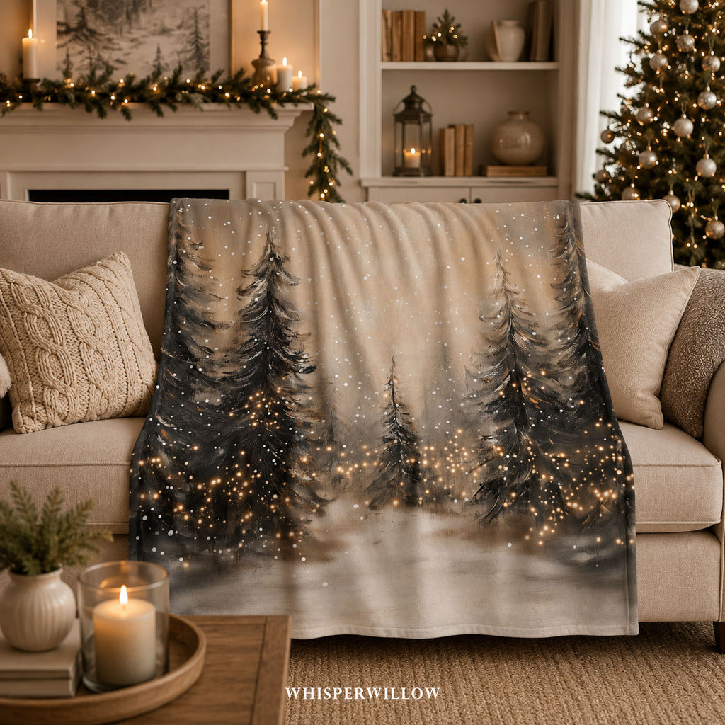 Snowy Pine Forest Throw Blanket - Winter Wonderland Lights Gift
