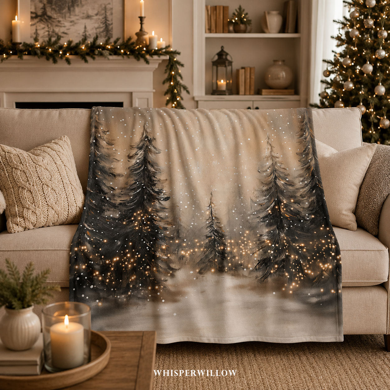 Snowy Pine Forest Throw Blanket - Winter Wonderland Lights Gift