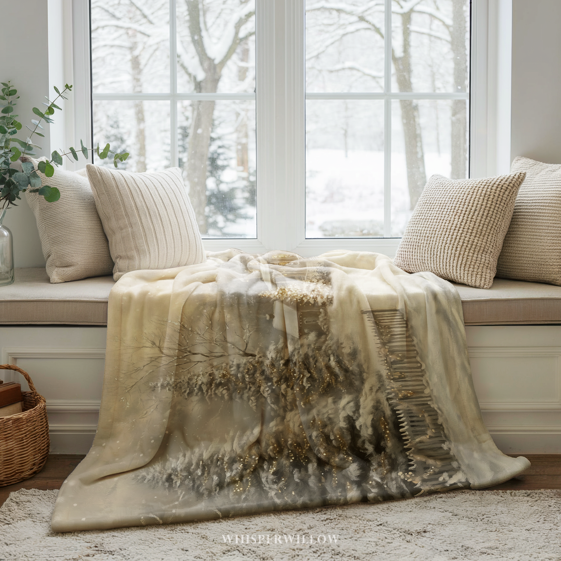 Enchanted Winter Cottage Throw Blanket - Christmas Lights Snowy Forest Gift
