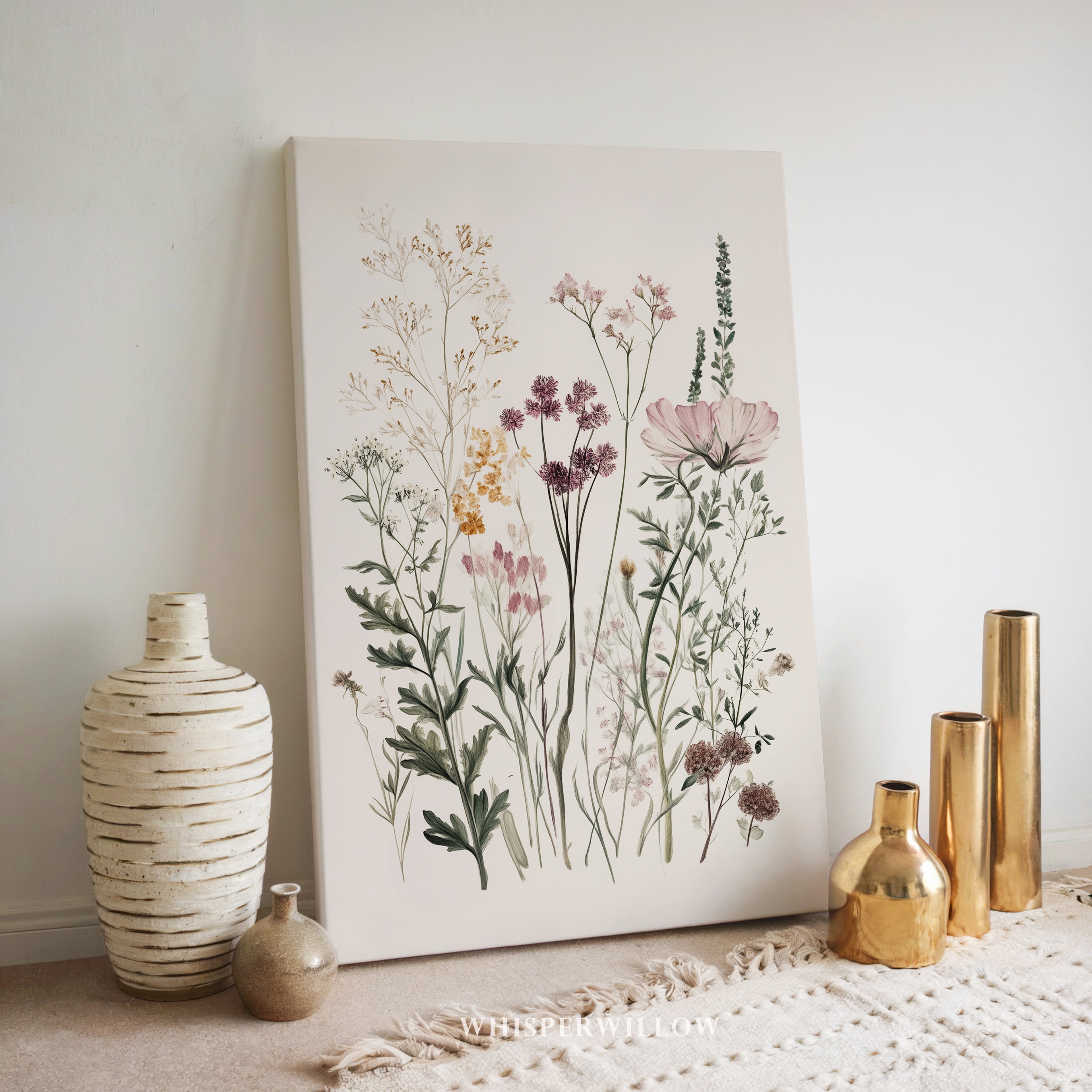 Wildflower Meadow Canvas Wall Art | Neutral Botanical Floral Illustration | Cottagecore Vintage Nature Decor | Minimalist Bedroom Artwork