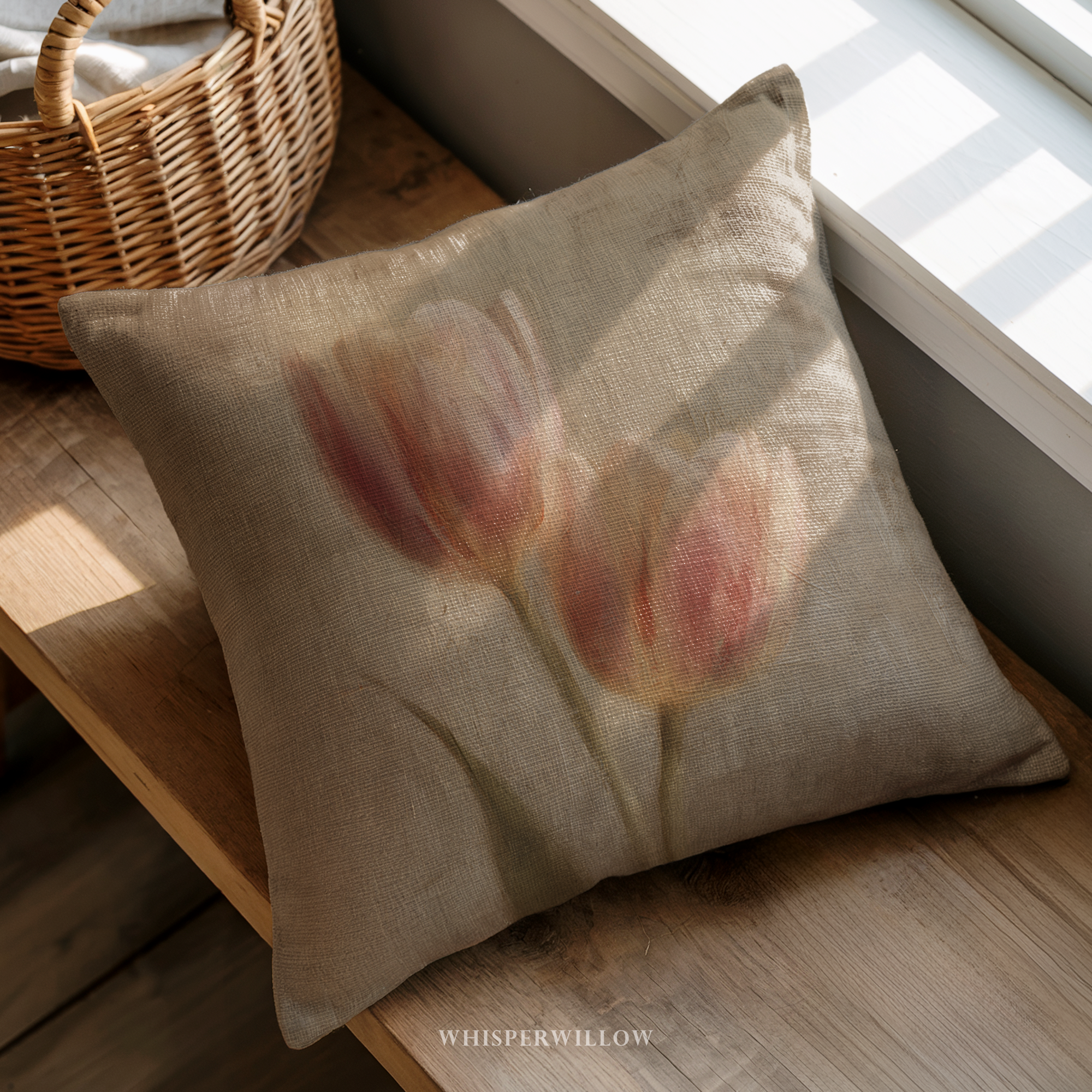 Muted Pink Tulips Pillow | Vintage Floral Botanical Cushion | Farmhouse Bedroom Decor | Spring Flower Accent | Square & Lumbar Gift by WhisperWillow Studios