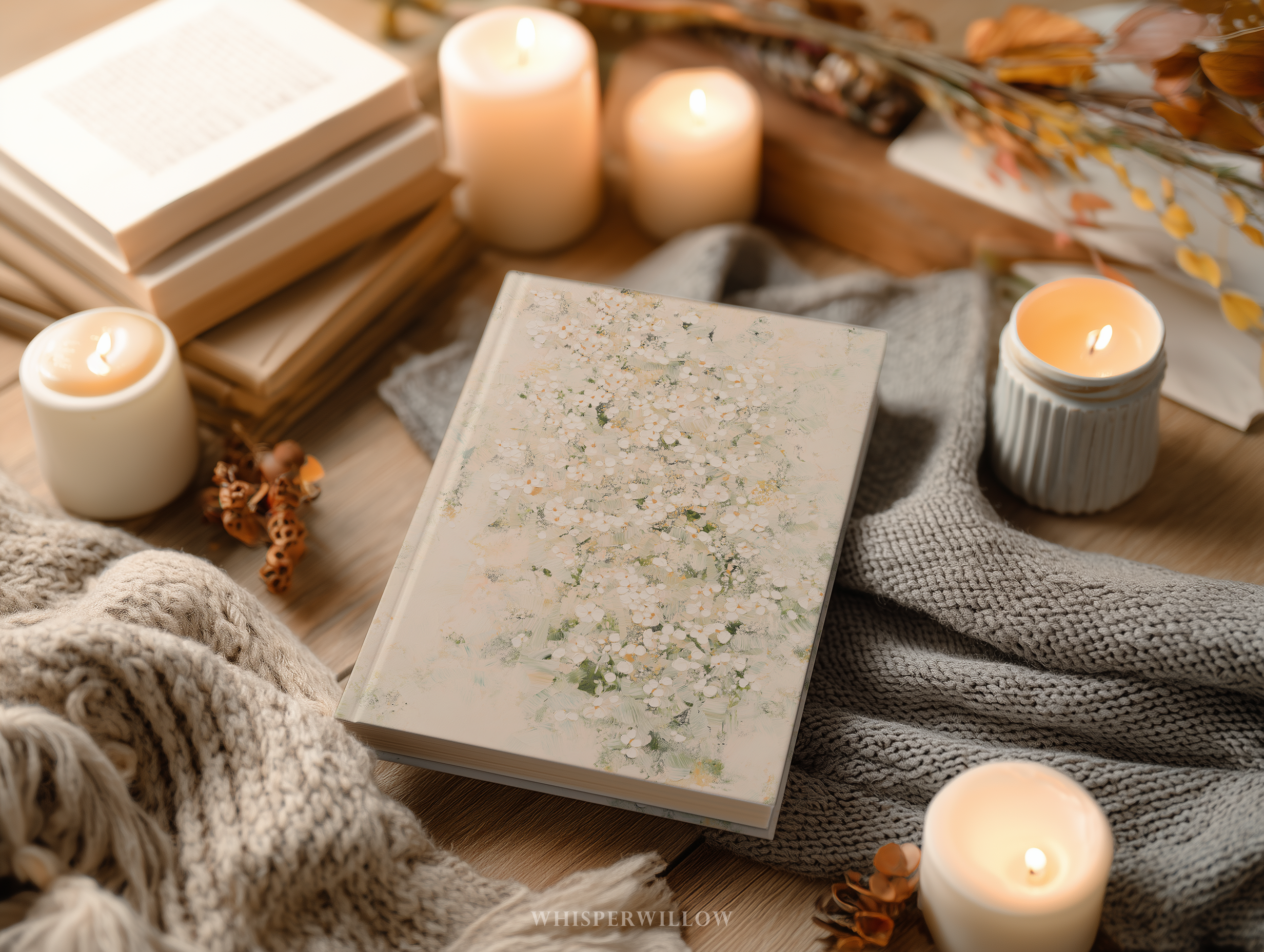 White Floral Abstract Hardcover Journal - Sage Green Cream Botanical Neutral Writer Notebook Gift