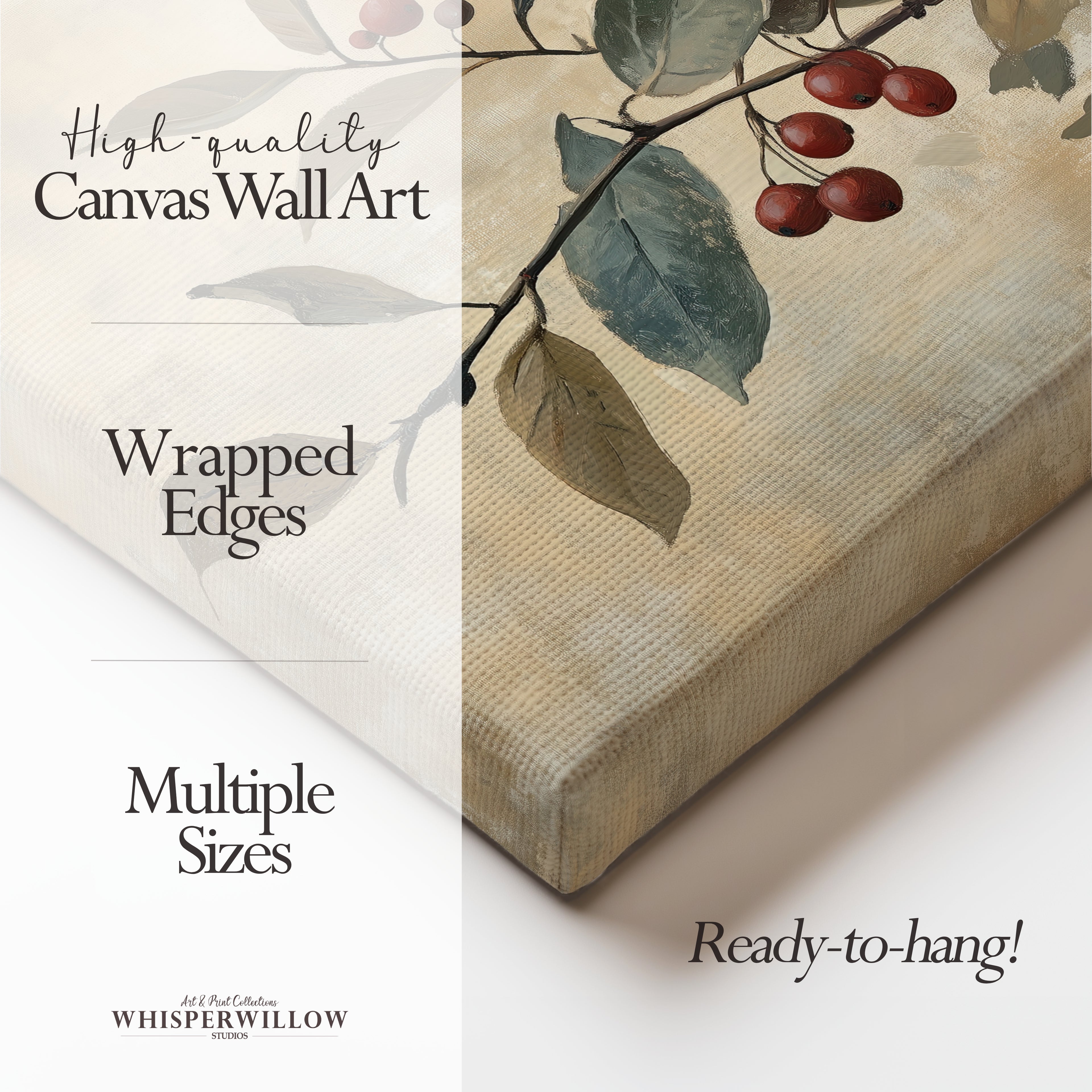 Leinwandbild | Rustikaler Zweig mit roten Beeren | Weihnachts- und Herbstdekoration