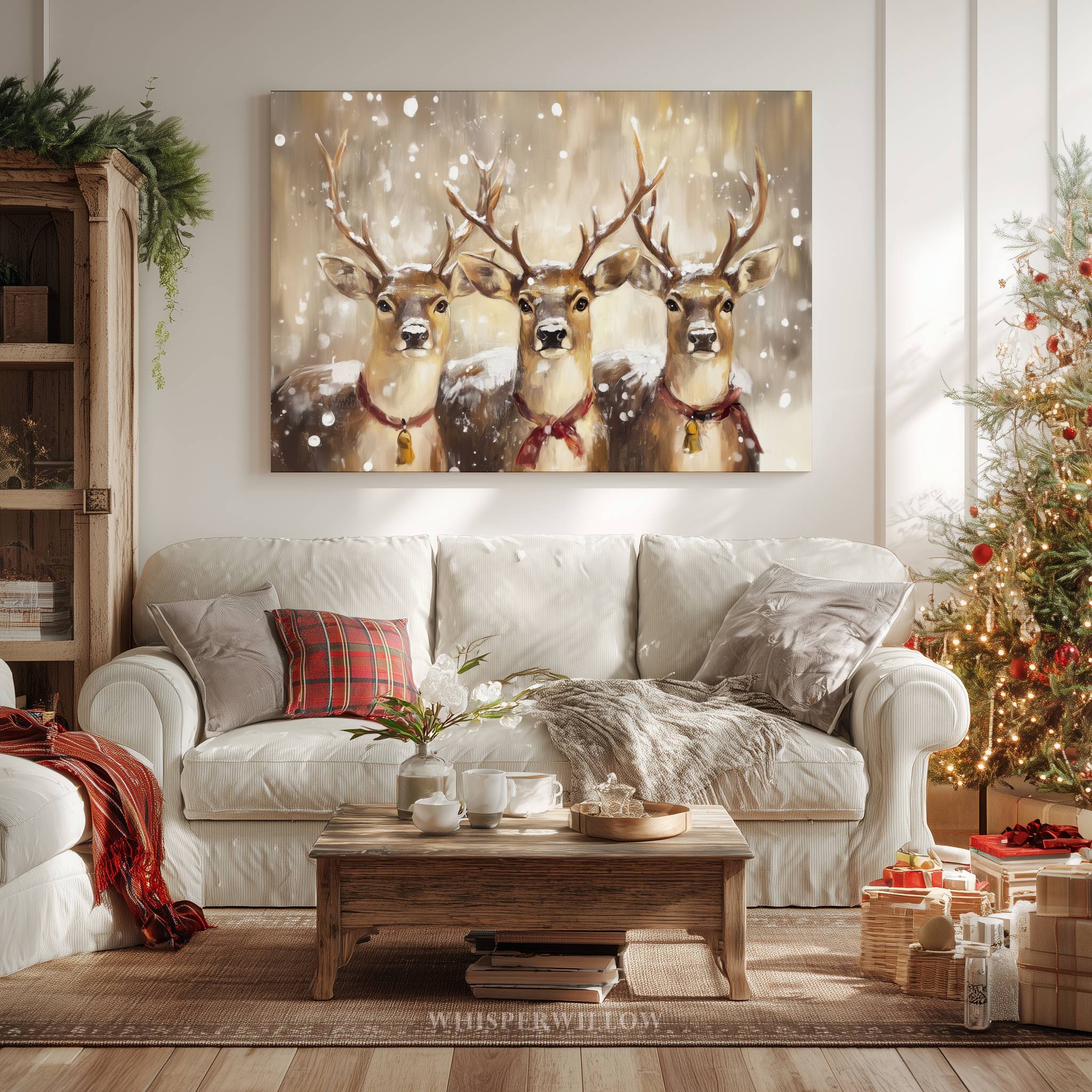 Rentier-Trio als Leinwandbild – Rustikale Weihnachtsdekoration für die Hütte, verspielte Winterlandschaft
