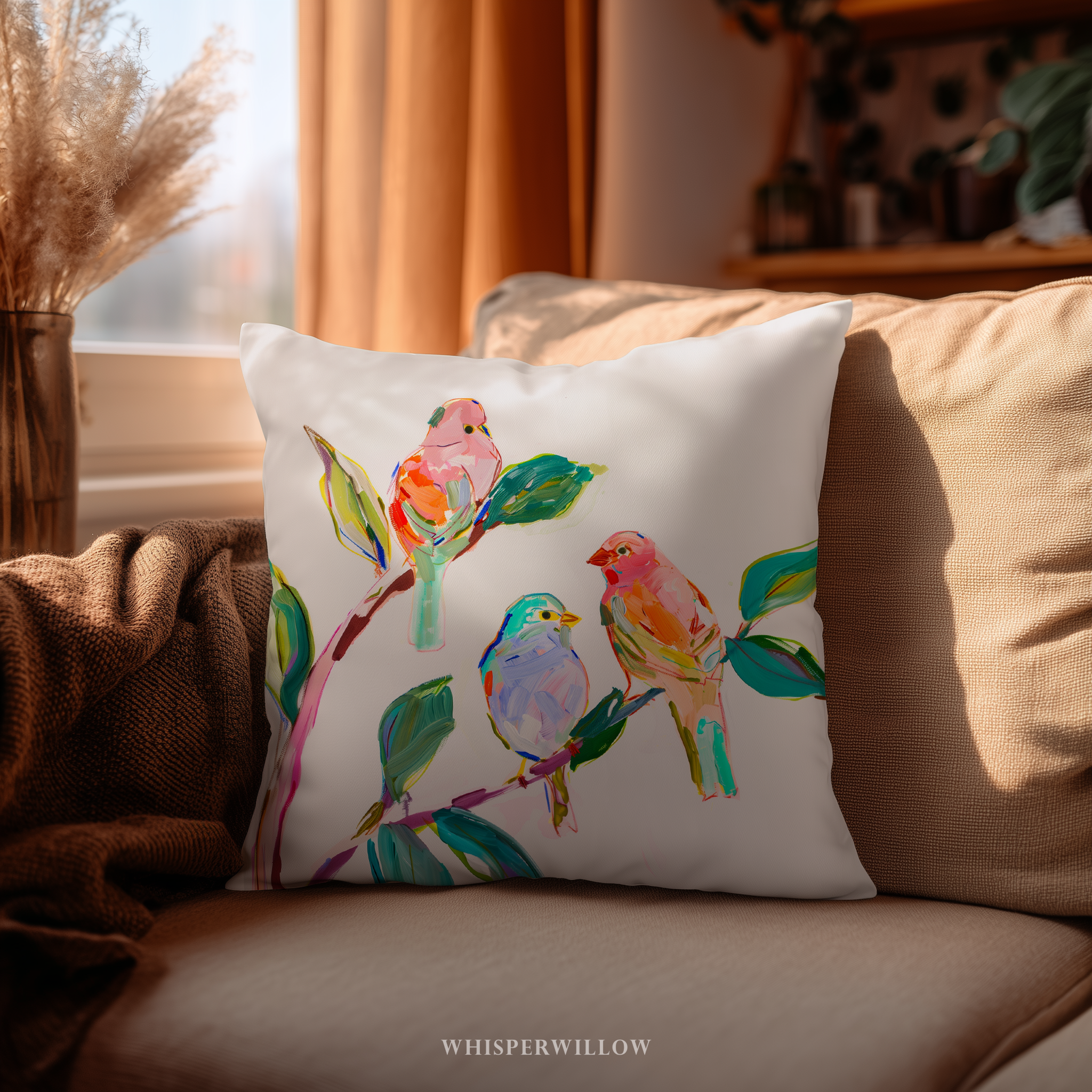 Colorful Bird Throw Pillow and Case - Abstract Botanical Branch Cushion Modern Nature Decor Gift