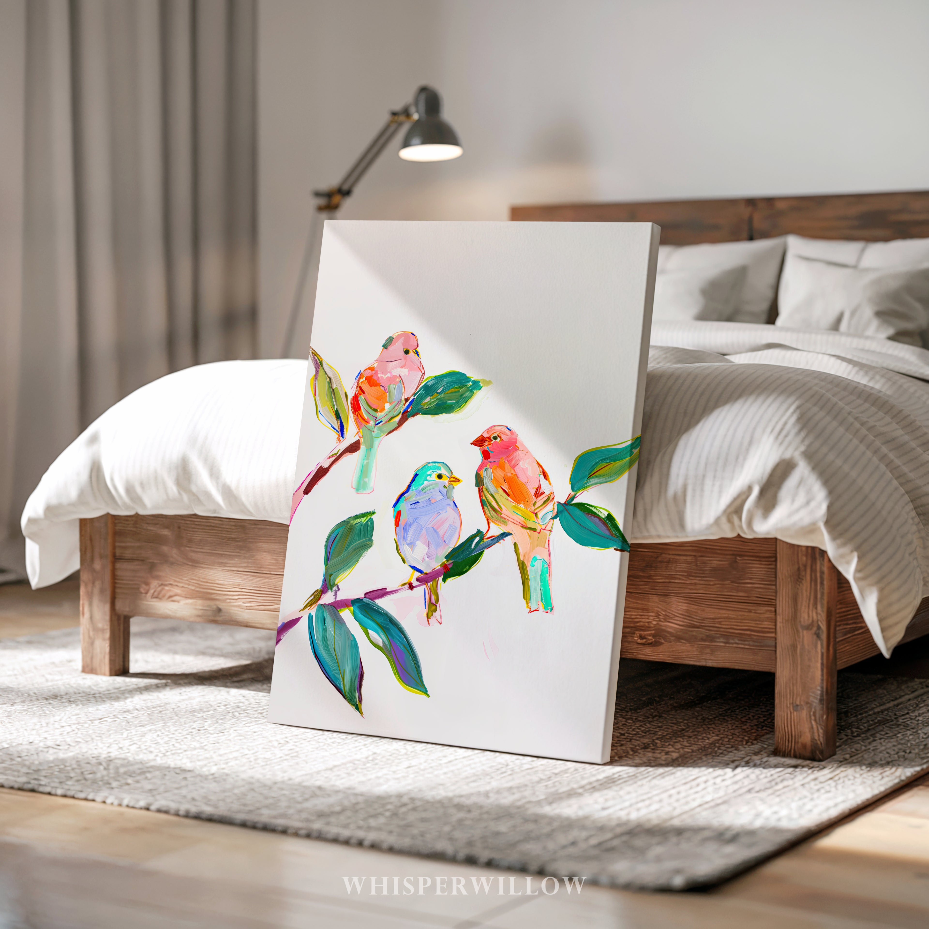 Leinwandbild mit Wildvögeln | Farbenfrohe Singvögel auf einem Ast | Lebendiges Naturdeko-Geschenk