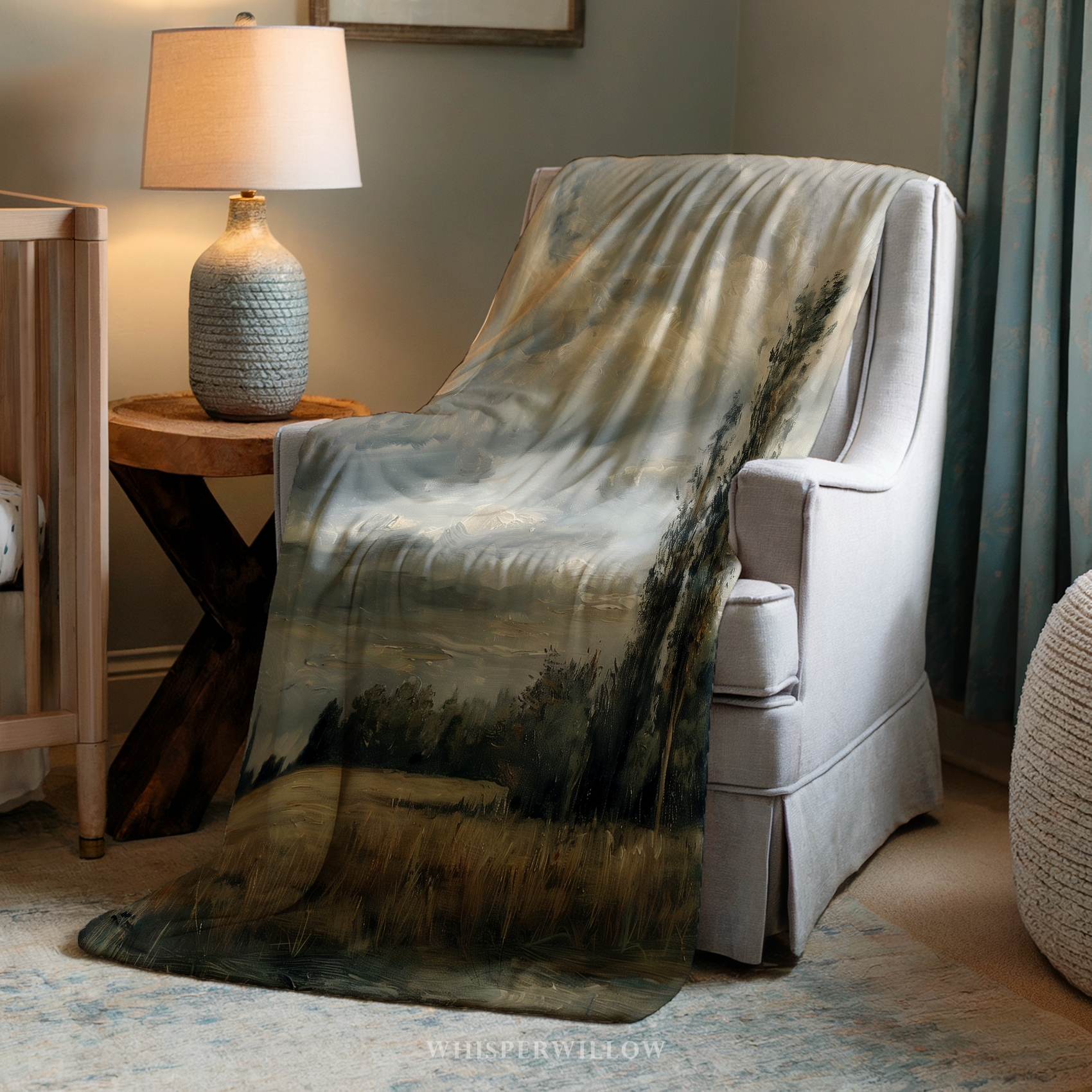 Moody Landscape Throw Blanket - Stormy Sky Meadow Tall Tree by WhisperWillow Studios Home Decor Gift