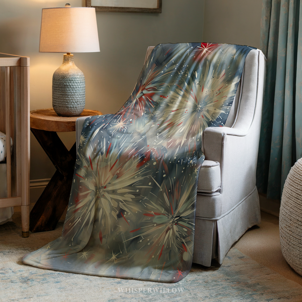 Abstract Fireworks Throw Blanket - Patriotic Red White Blue Gift by WhisperWillow Studios Home Decor Gift