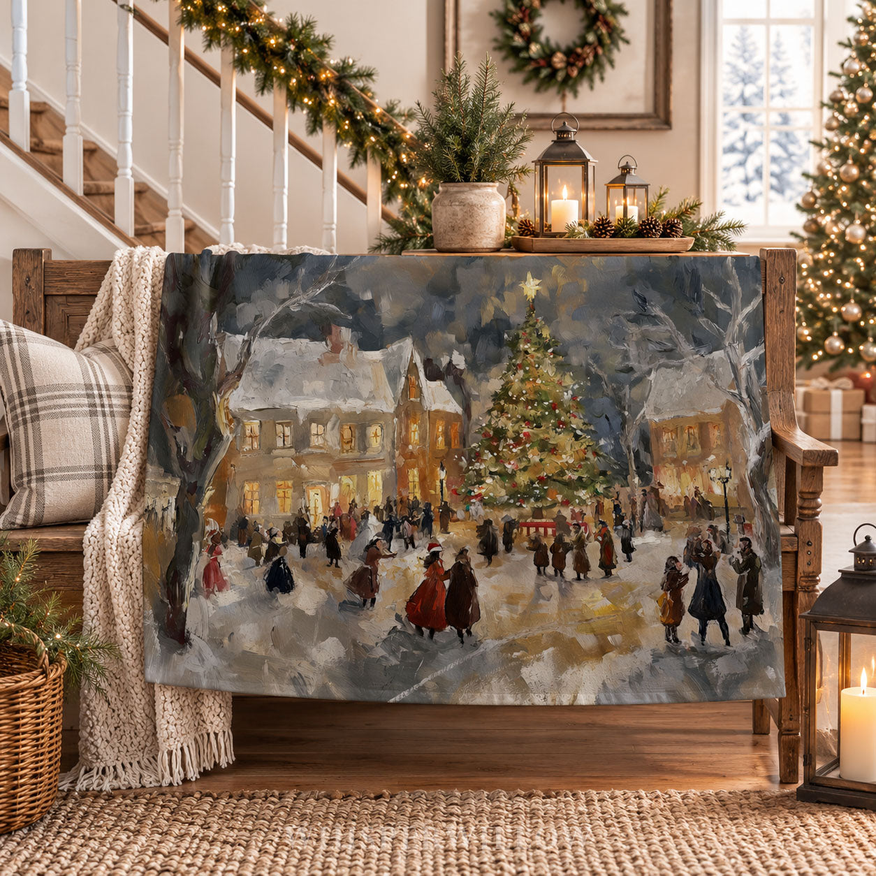 Vintage Christmas Eve Village Throw Blanket - Snowy Tree Town Square Gift