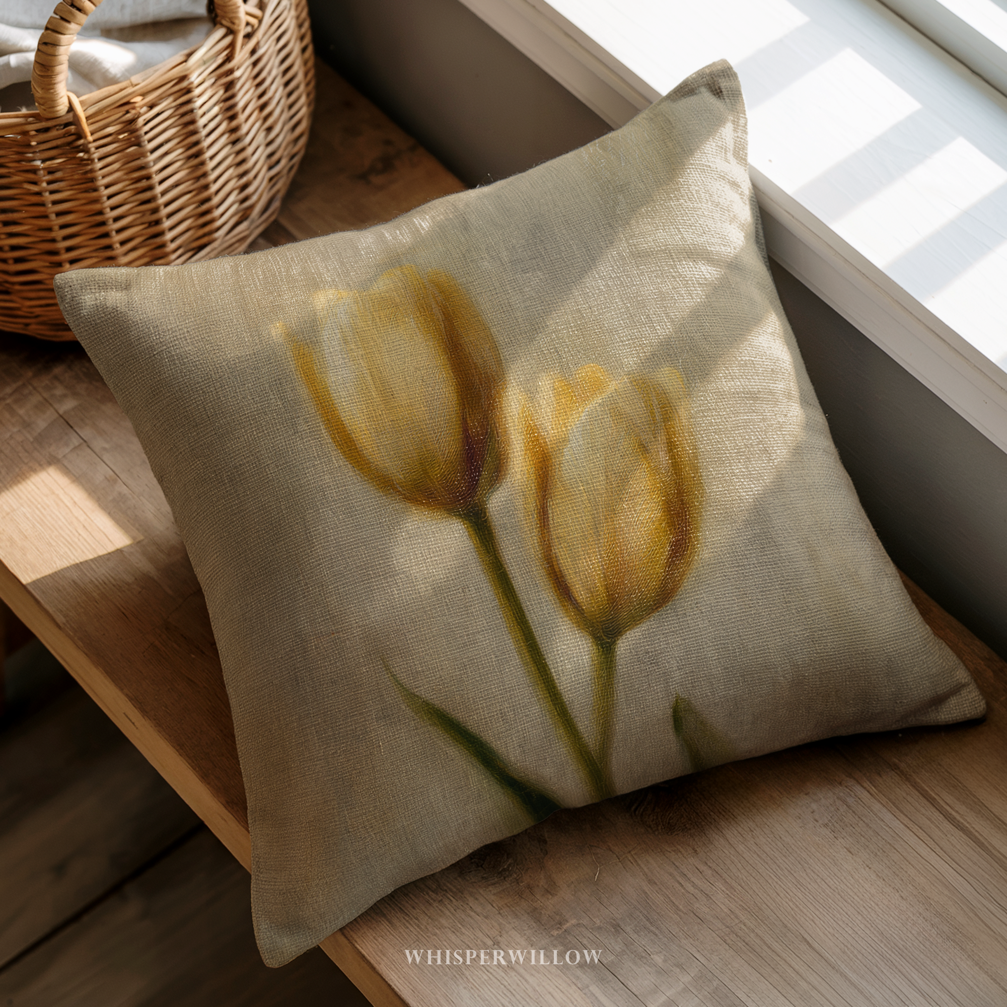 Muted Yellow Tulips Throw Pillow | Vintage Floral Botanical Cushion | Farmhouse Cottage Spring Decor | Square & Lumbar Sizes Gift by WhisperWillow Studios