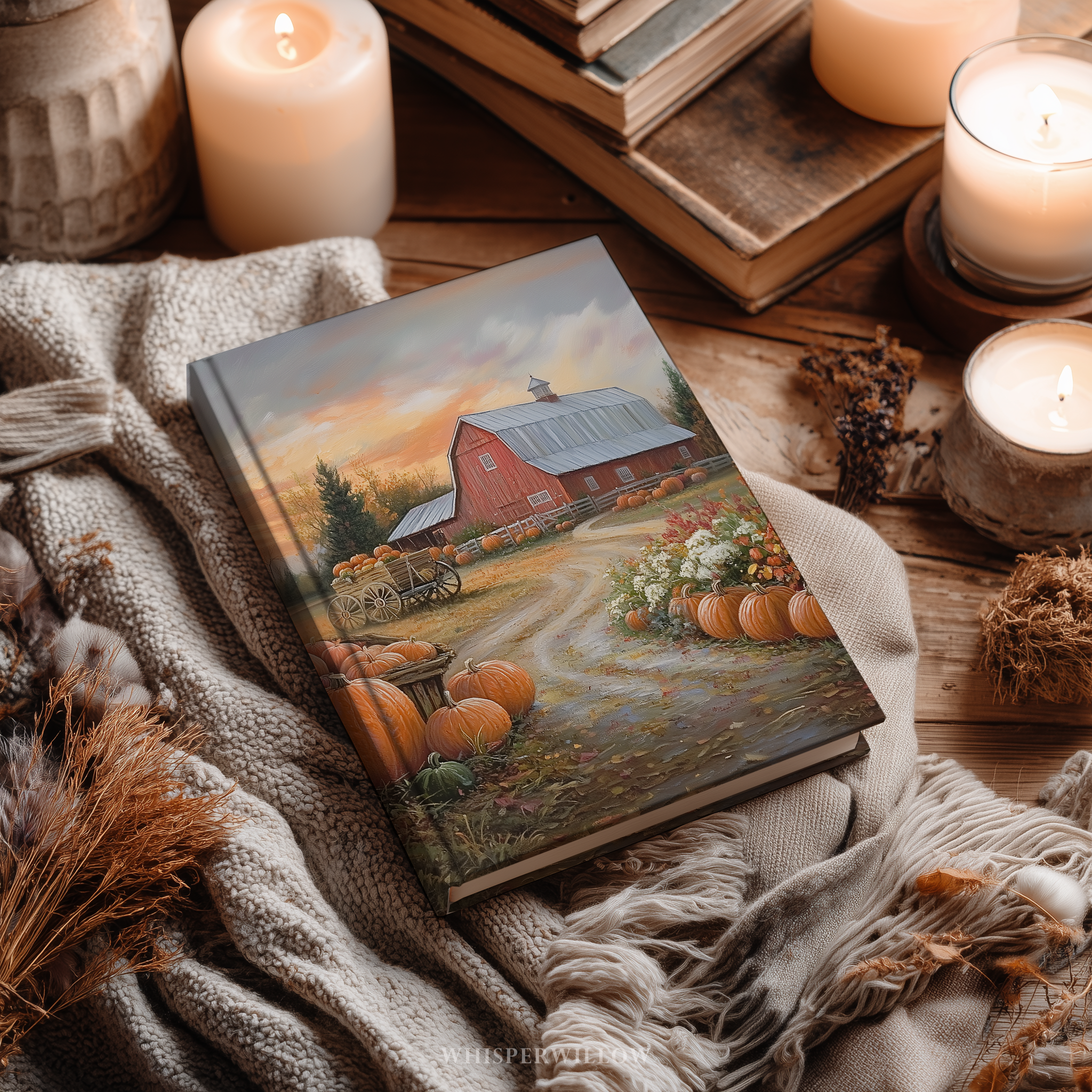 Autumn Pumpkin Farm Hardcover Journal - Red Barn Sunset Country Road Harvest Notebook Gift