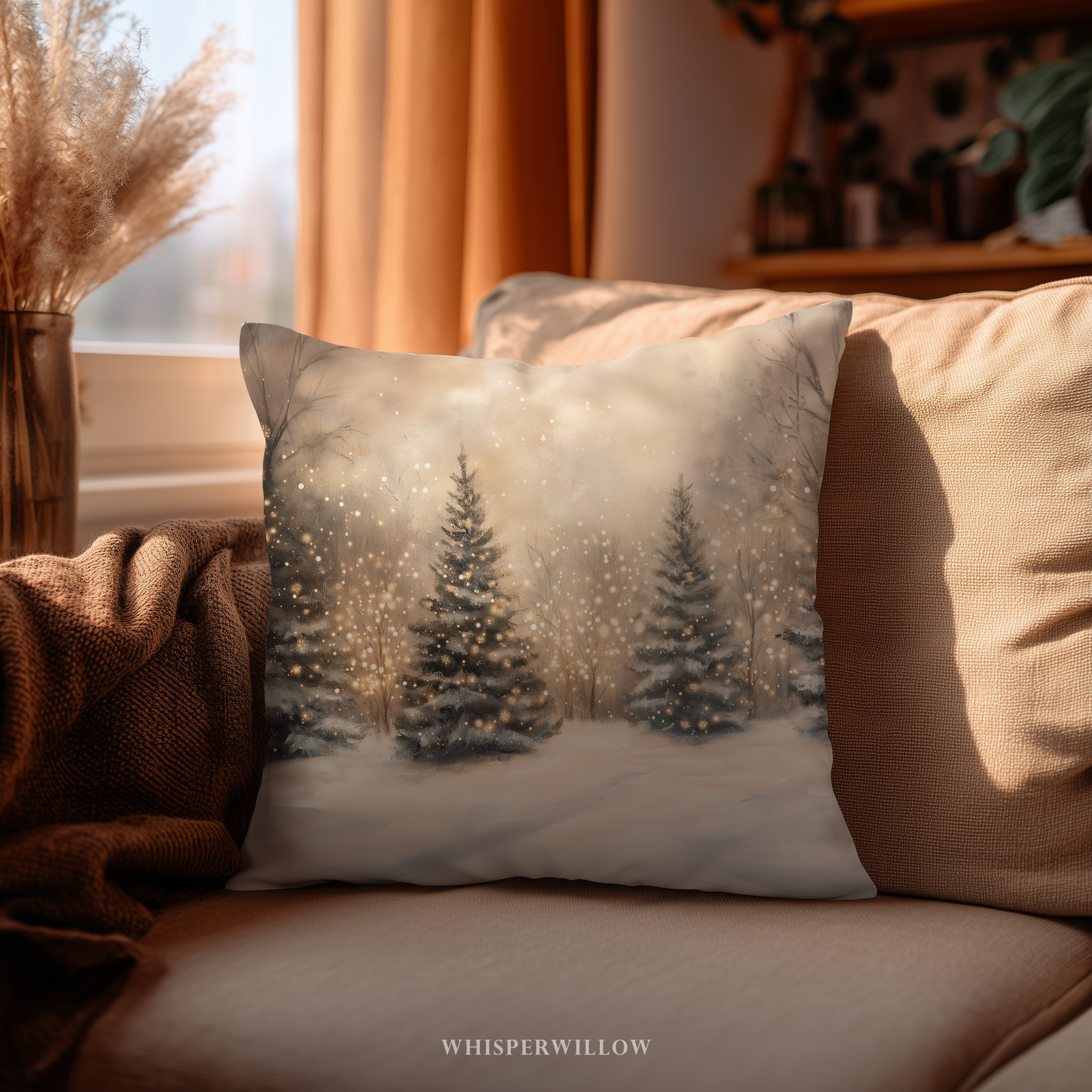 Christmas Winter Forest Throw Pillow | Snow-Covered Trees with Golden Lights | Holiday Decor Gift Cushion