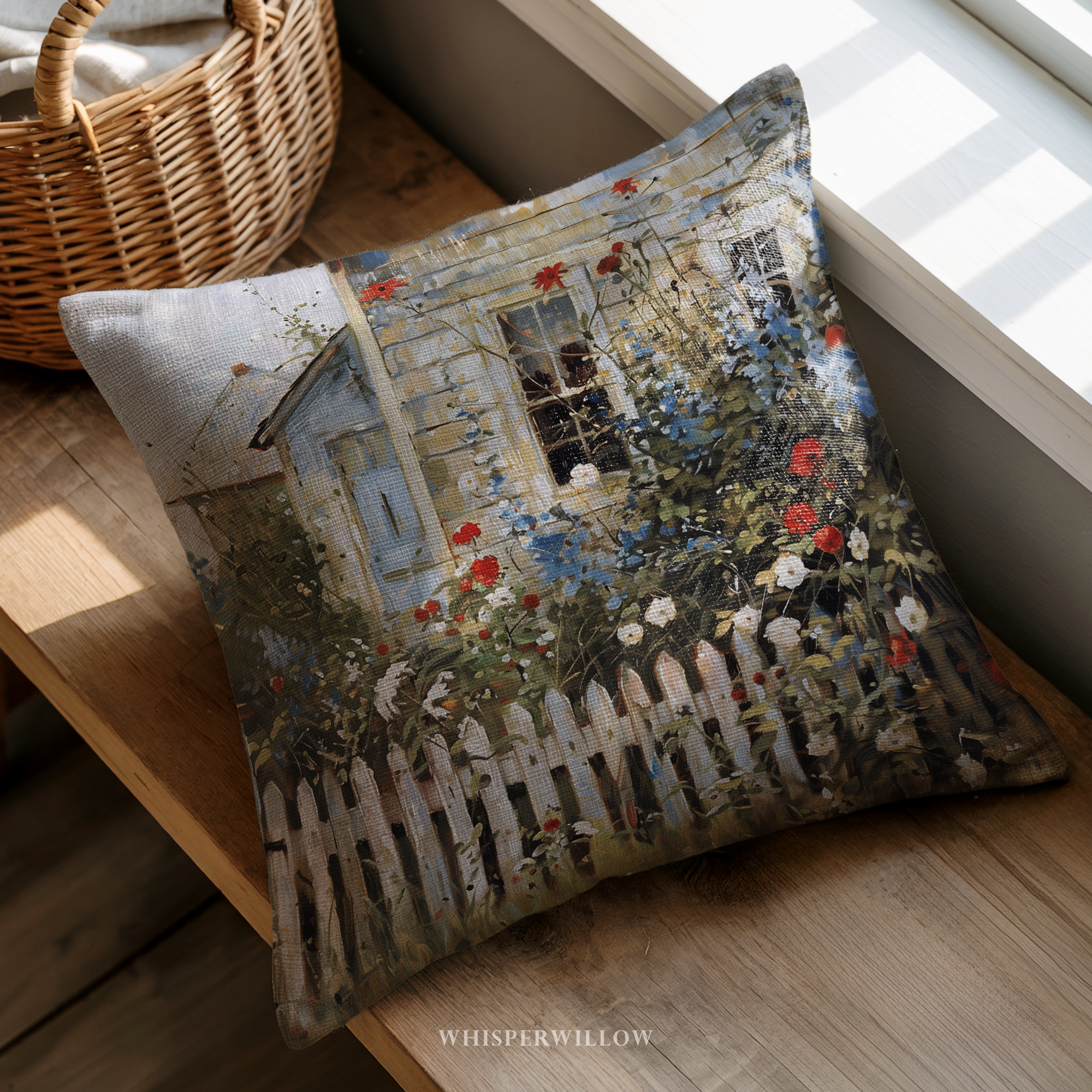 Cottage Garden Throw Pillow and Case - Country Floral Farmhouse Decor, Red Blue Patriotic Wildflowers, Spring Summer Accent Cushion Gift Home Decor by WhisperWillow Studios