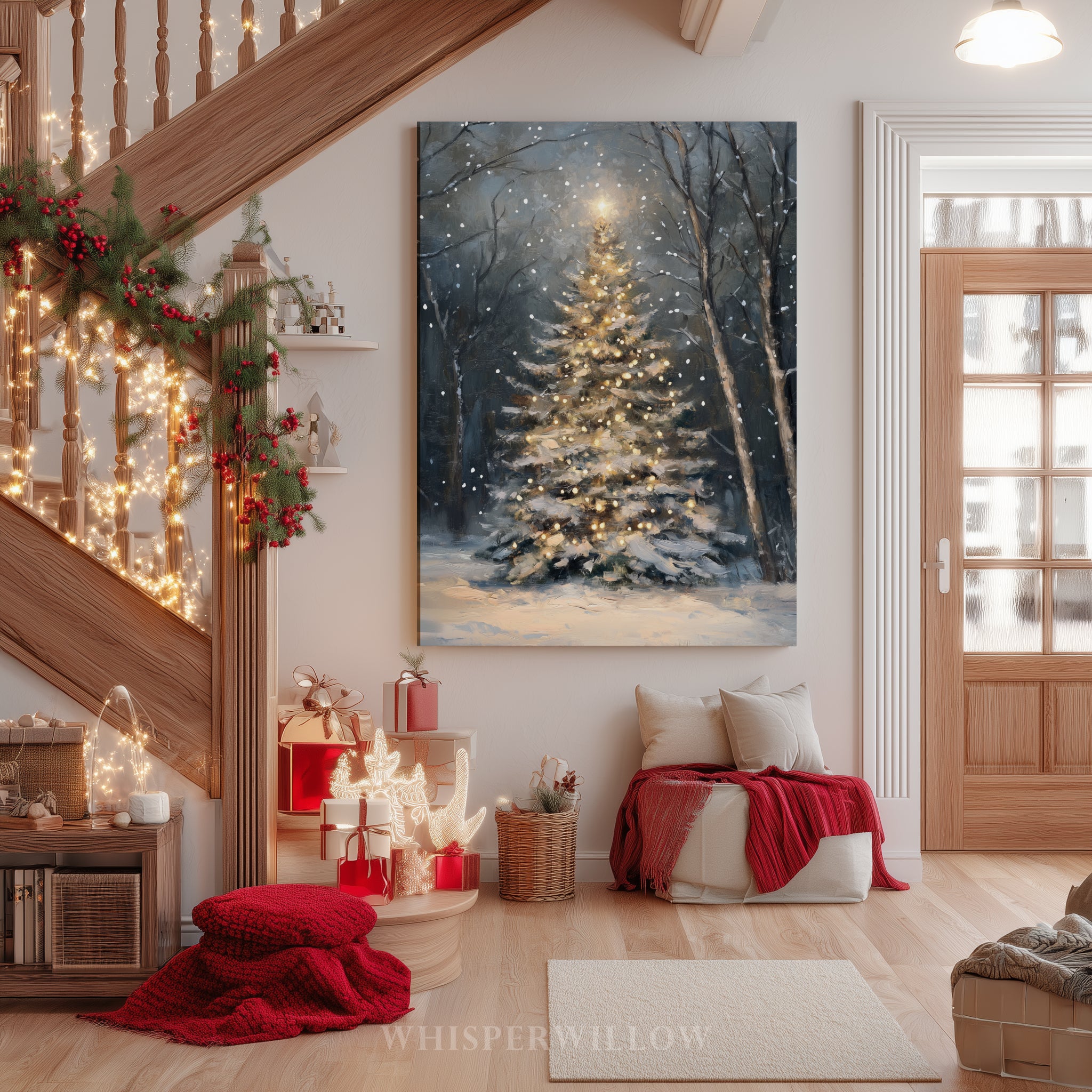 Weihnachtsbaum-Leinwandbild – Bezaubernde verschneite Waldszene, zauberhafte Winterdekoration