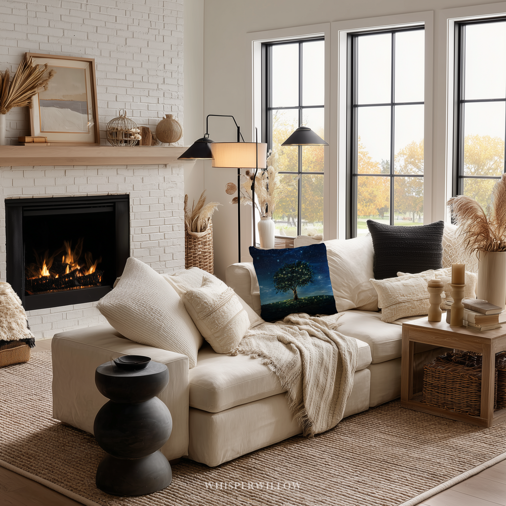 Dekokissen „Leuchtender Glühwürmchenbaum“ – Magischer Nachthimmel mit Sternenlichtern