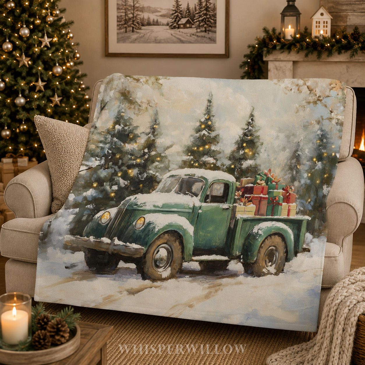 Vintage Christmas Truck Plush Throw Blanket - Snowy Forest Gift
