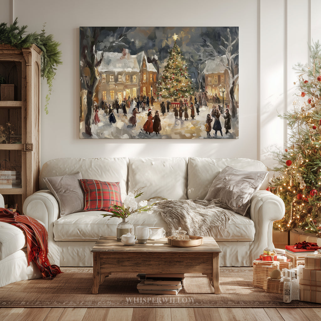 Christmas Canvas Wall Art | Vintage Victorian Village Carolers Winter Scene | Holiday Home Decor Gift