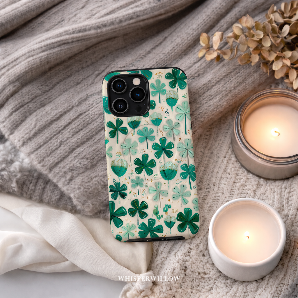 Teal Shamrock Magnetic Phone Case | Compatible with iPhone | Lucky Four Leaf Clover Cover