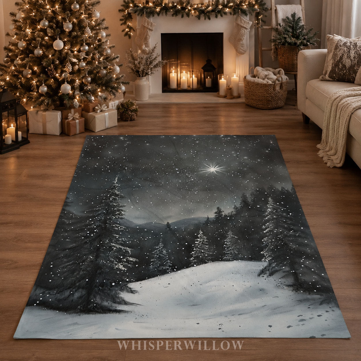 Snowy Winter Forest Throw Blanket - Night Christmas Eve Gift, Star of Bethlehem