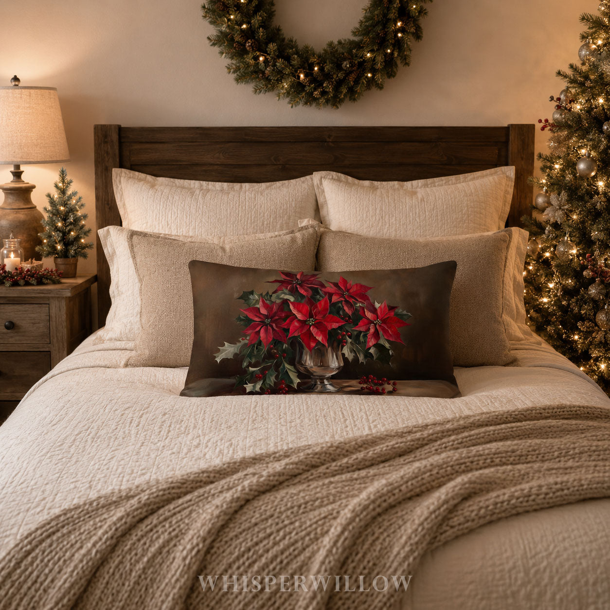 Christmas Poinsettia Throw Pillow - Red Holiday Cushion