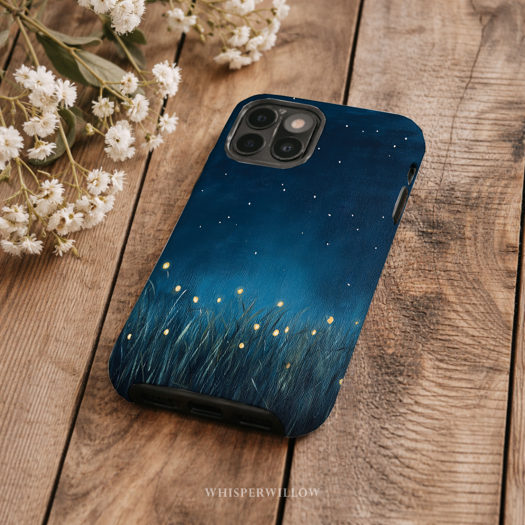 Firefly Night Sky Phone Case | Compatible with iPhone | Dual Layer Protective Cover | Dark Blue Nature Stars Lightning Bugs