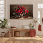 Weihnachtliches Leinwandbild | Roter Weihnachtsstern in silberner Vase | Botanische Winterdeko – Geschenkidee für Zuhause