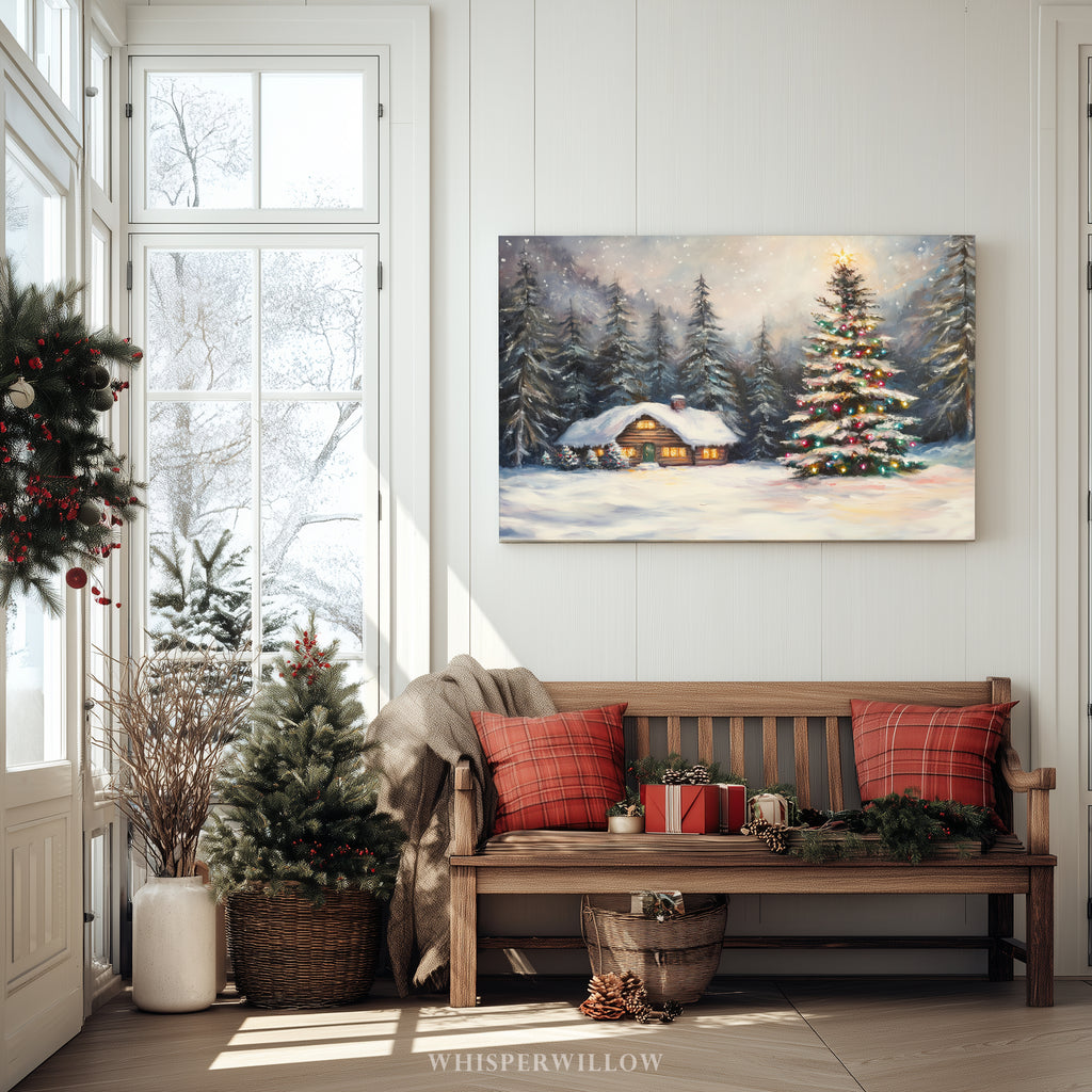 Winterliches Leinwandbild | Gemütliche Hütte mit verschneitem Wald und Weihnachtsbaum | Rustikale Dekoration für die Feiertage – das perfekte Geschenk