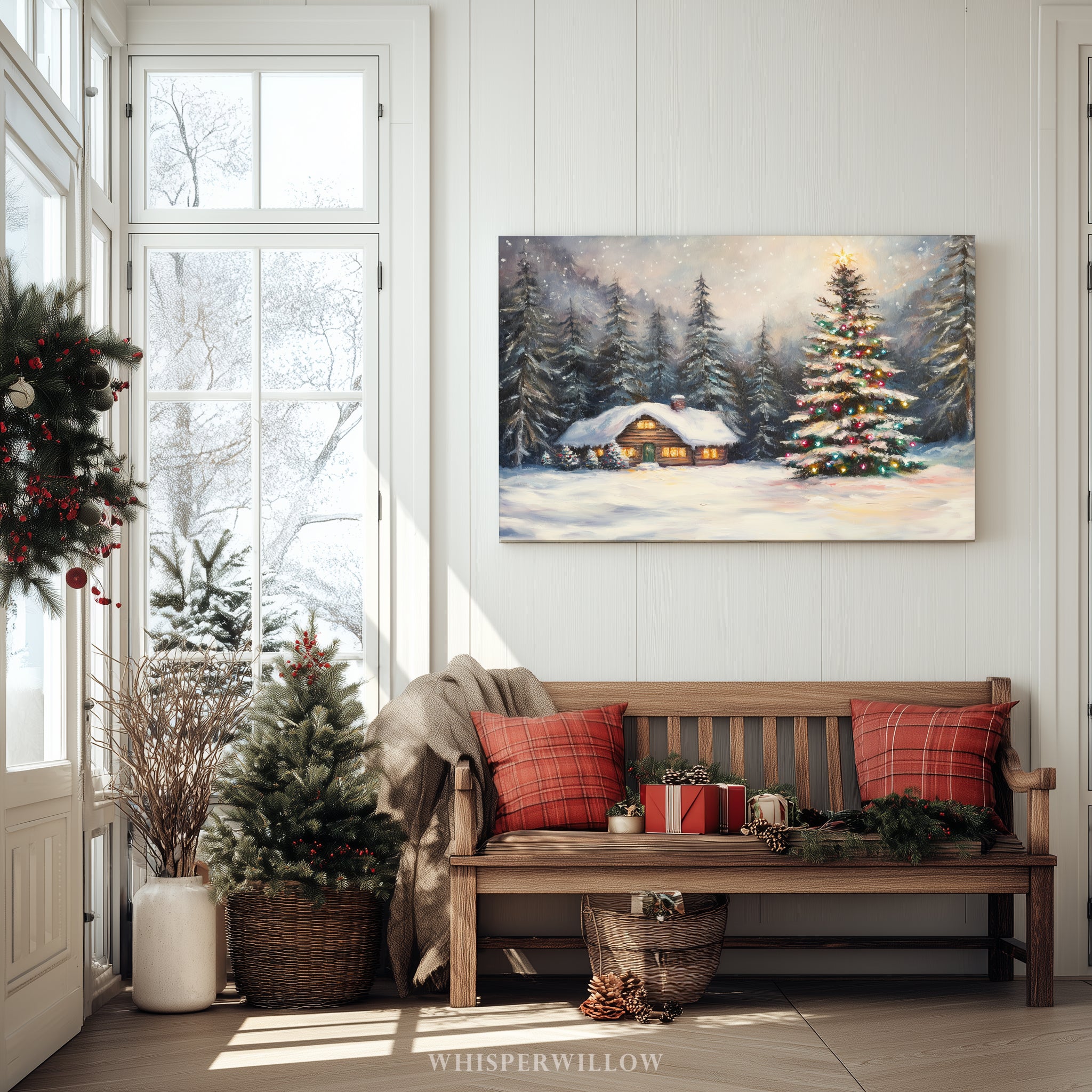 Winterliches Leinwandbild | Gemütliche Hütte mit verschneitem Wald und Weihnachtsbaum | Rustikale Dekoration für die Feiertage – das perfekte Geschenk