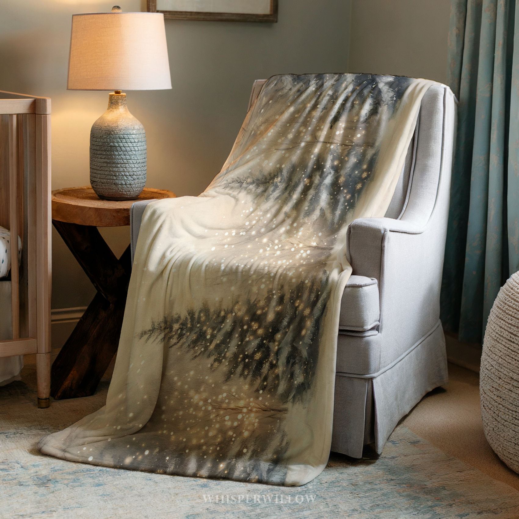 Winter Forest Throw Blanket - Snowy Trees Golden Lights Gift