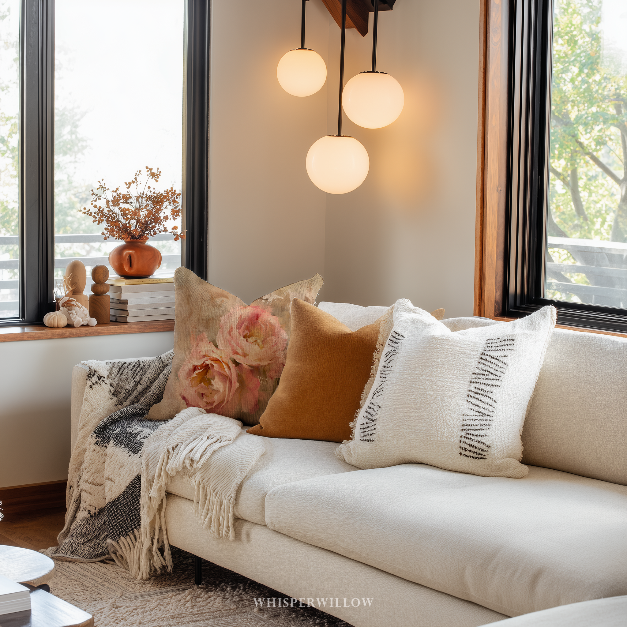 Dekokissen | Rosafarbenes Blumenmuster im Landhausstil | Romantisches Wohnaccessoire, weiches, neutrales Kissen, Geschenkidee