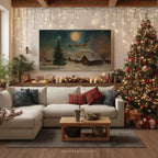 Weihnachtsdorf-Leinwandbild – Weihnachtsmannschlitten über mondbeschienener Szene, zauberhafte Rentiernacht