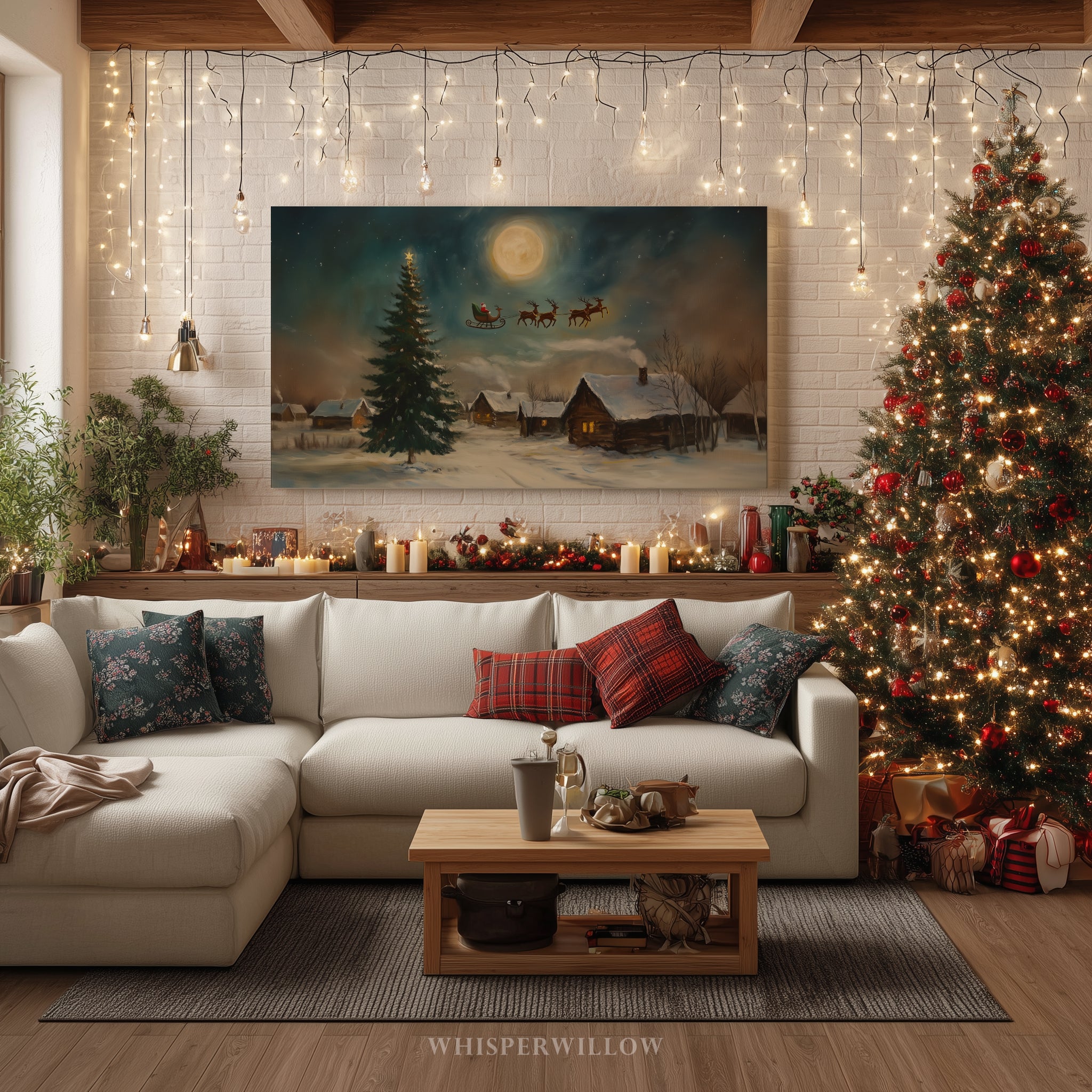 Weihnachtsdorf-Leinwandbild – Weihnachtsmannschlitten über mondbeschienener Szene, zauberhafte Rentiernacht
