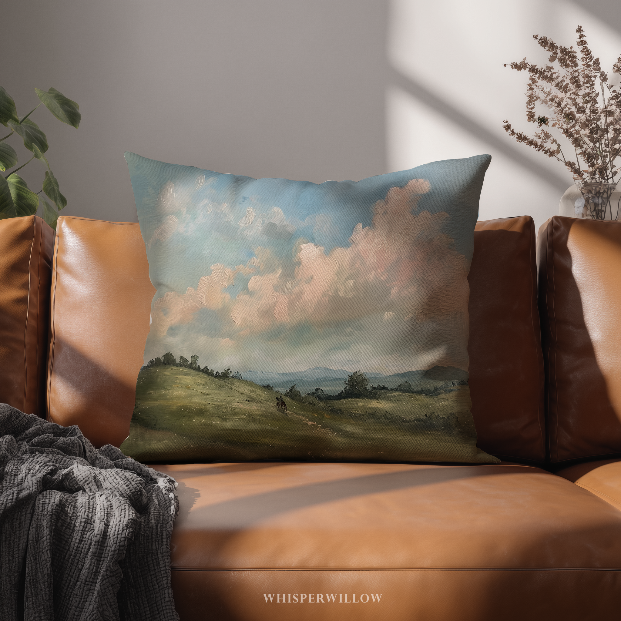 Dekokissen „Landschaftspferdewiese“ – Pastellfarbenes Wolkenlandschaftskissen