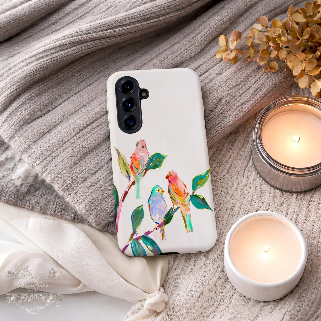 Colorful Bird Branch Art Tough Case | Compatible with Samsung Galaxy Android Phones | Dual Layer Shockproof Protective Cover | Matte Finish