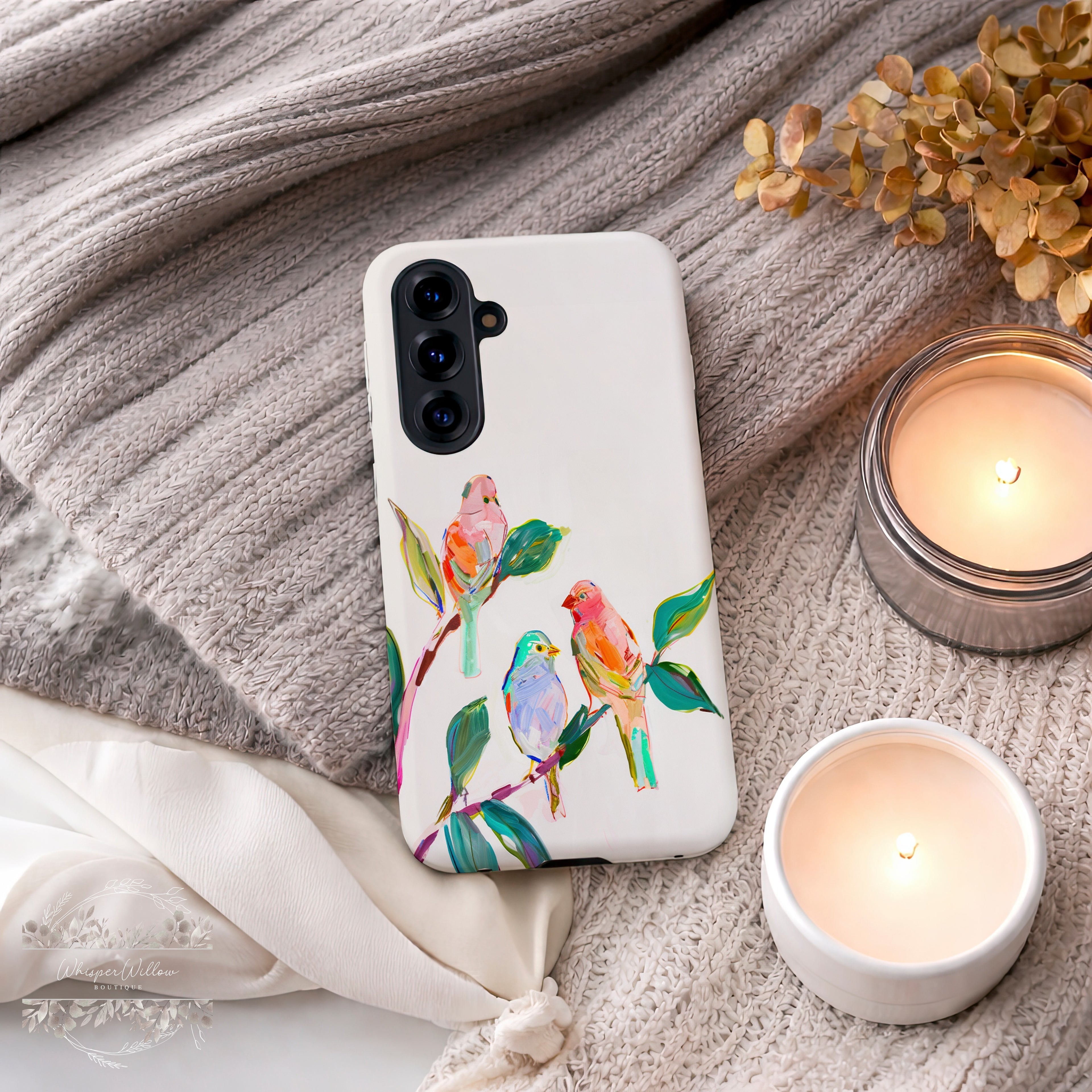 Colorful Bird Branch Art Tough Case | Compatible with Samsung Galaxy Android Phones | Dual Layer Shockproof Protective Cover | Matte Finish