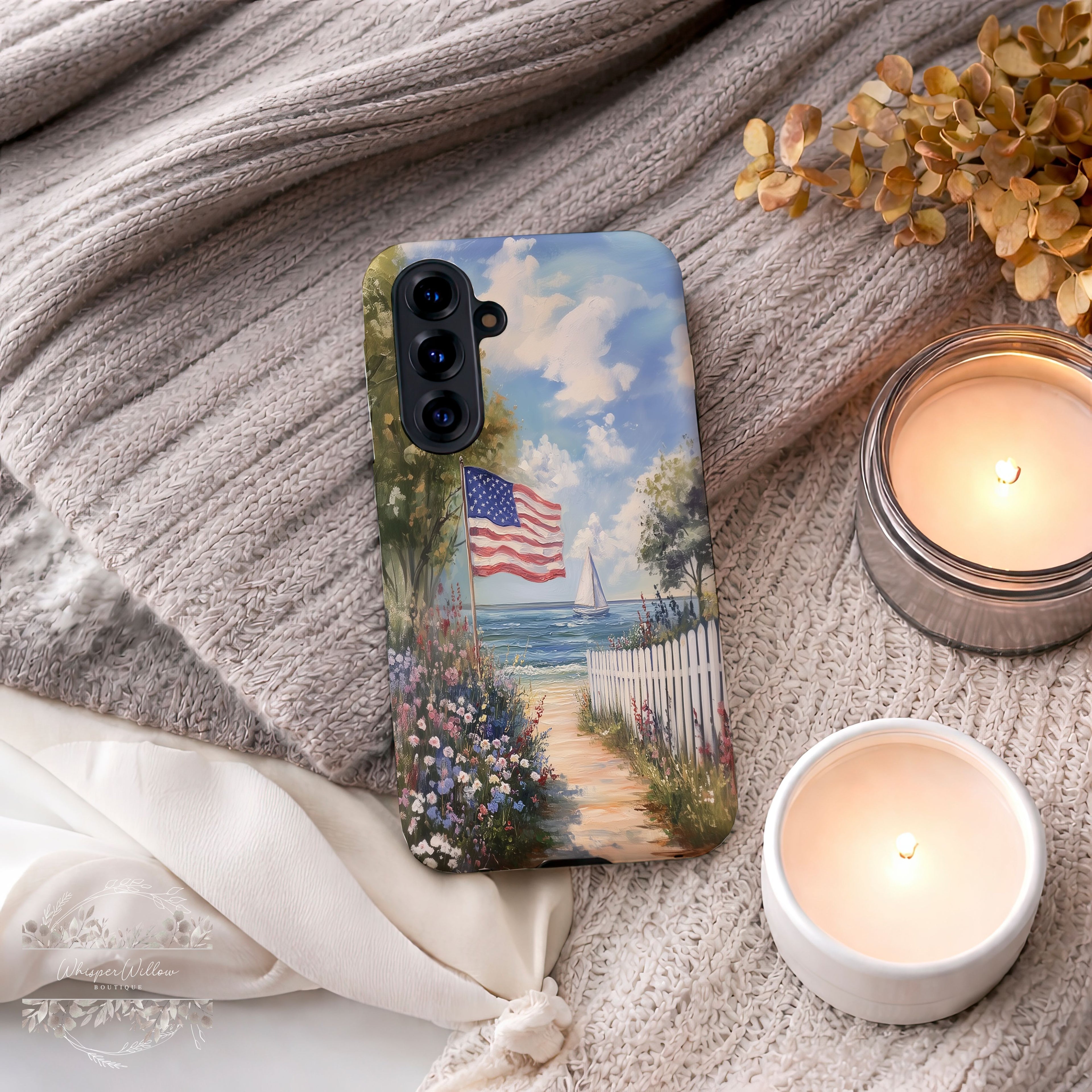 Coastal Aesthetic Phone Case Compatible with Samsung | American Flag Beach Art | Patriotic Ocean Landscape | Wildflower Path Design