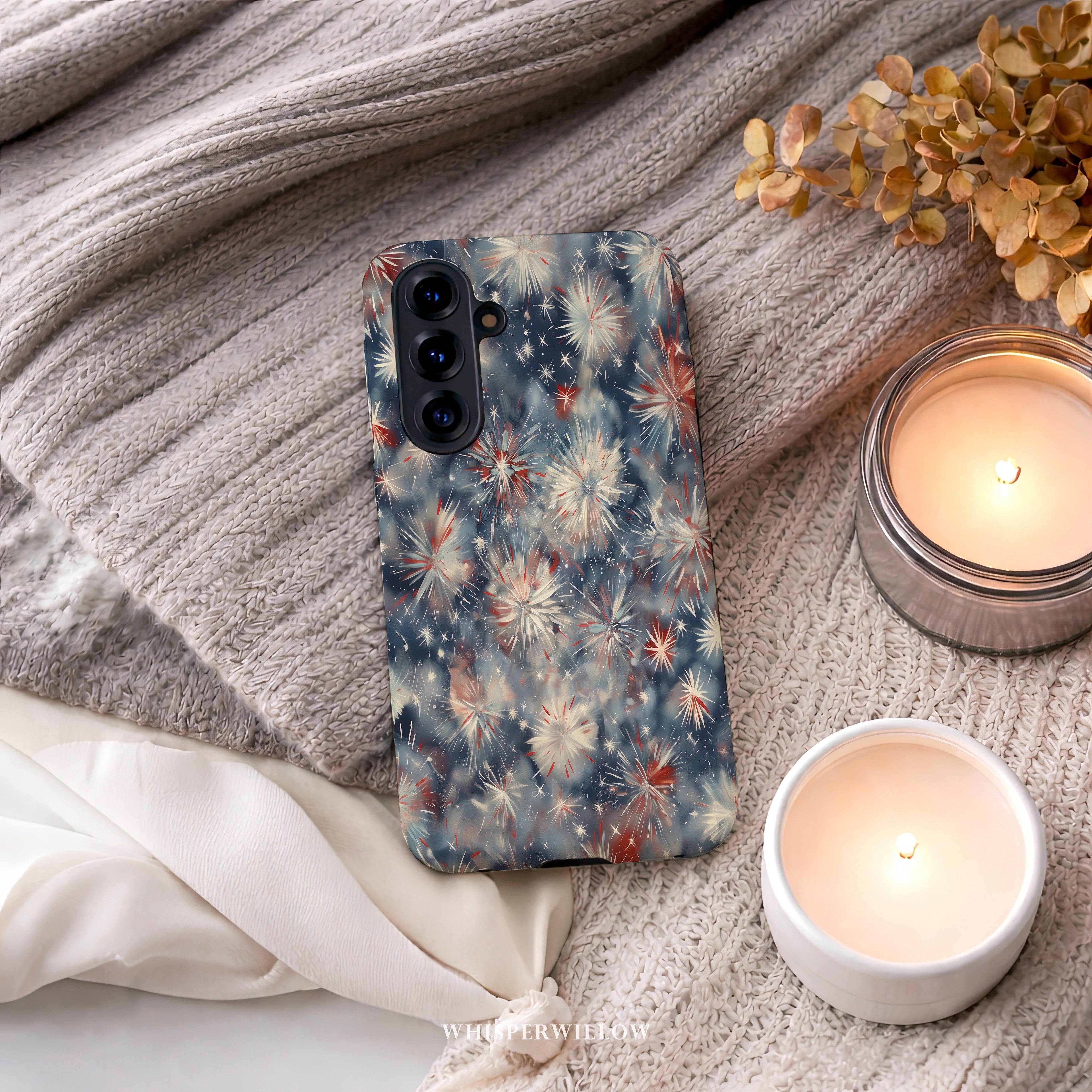 Abstract Fireworks Phone Case | Compatible with Samsung | Patriotic Red White Blue Starburst Cover