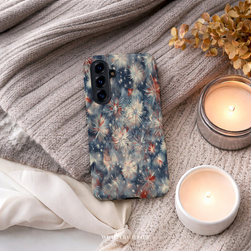 Abstract Fireworks Phone Case | Compatible with Samsung | Patriotic Red White Blue Starburst Cover