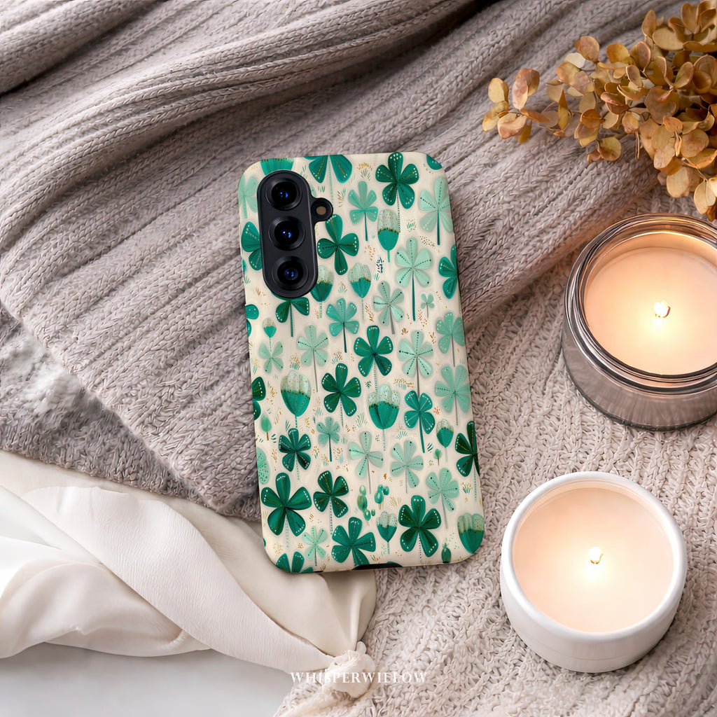 Teal Shamrock Dual Layer Phone Case | Samsung Compatible | Lucky Four Leaf Clover Cover