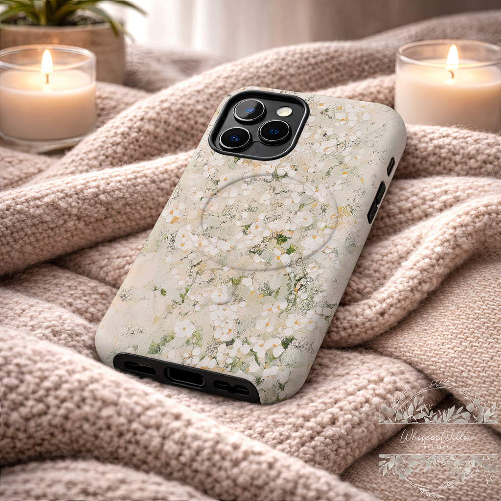 Cream Floral Phone Case | Compatible with MagSafe Magnetic Charging | Minimalist Elegant Botanical Art | Aesthetic Ivory Blossom Design