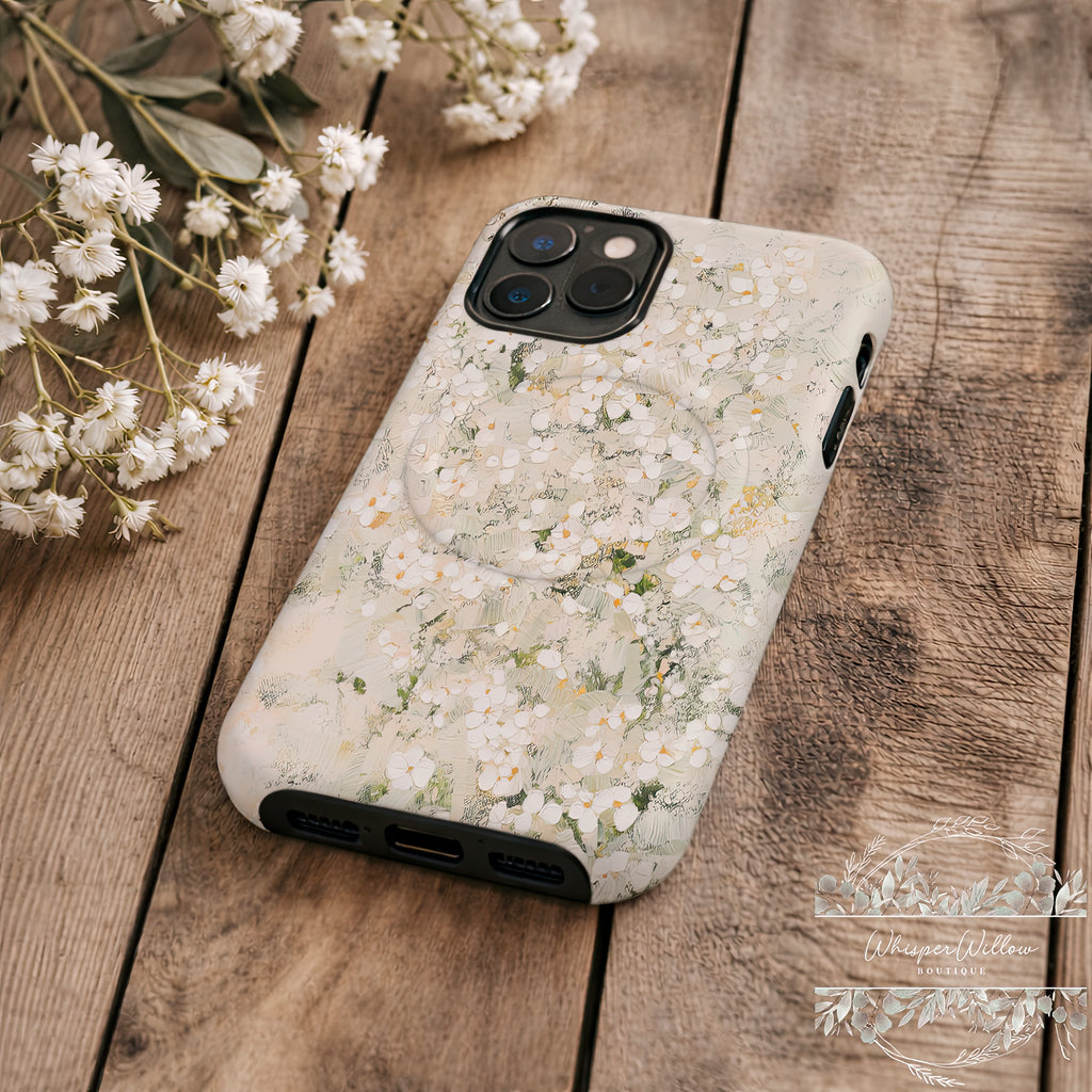 Cream Floral Phone Case | Compatible with MagSafe Magnetic Charging | Minimalist Elegant Botanical Art | Aesthetic Ivory Blossom Design