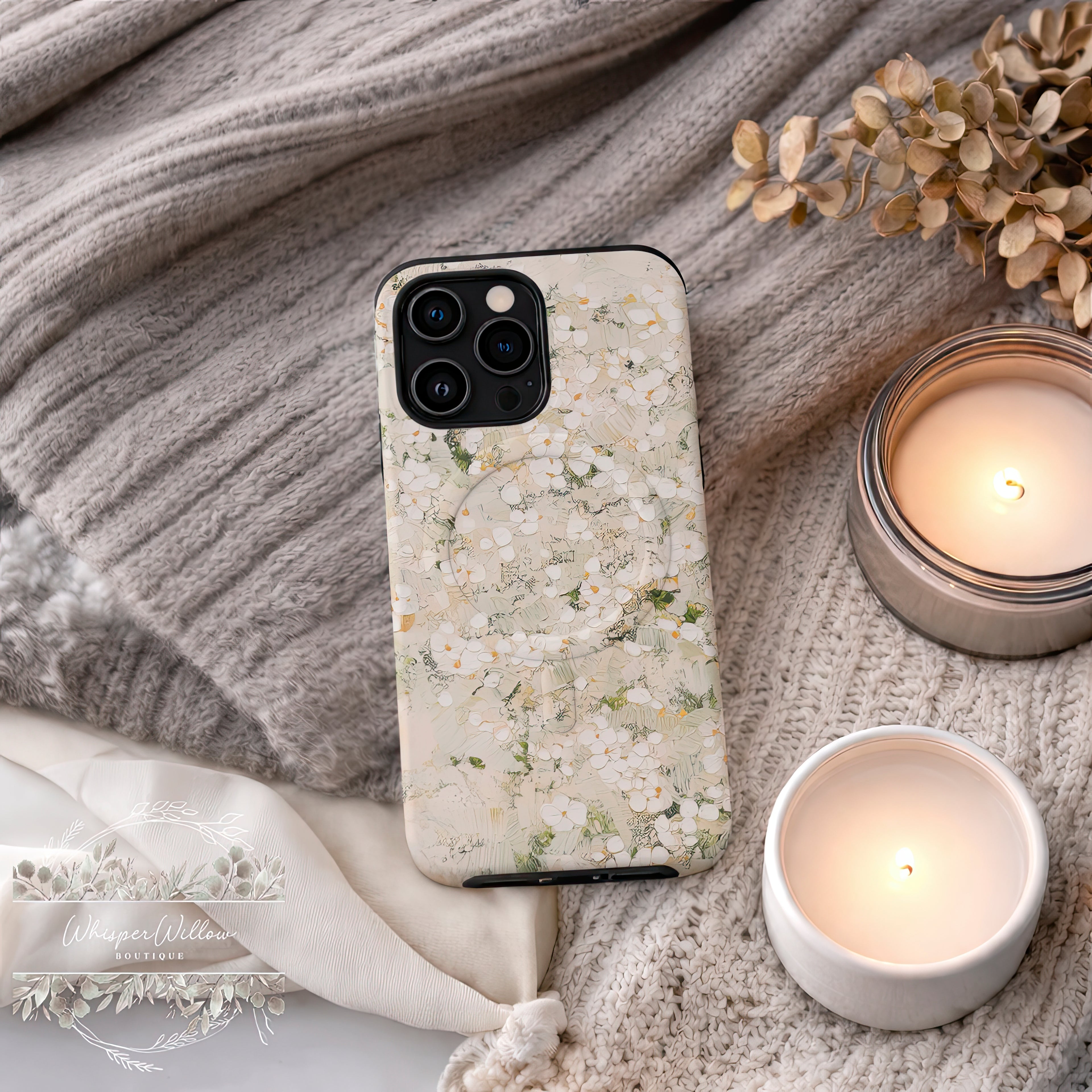 Cream Floral Phone Case | Compatible with MagSafe Magnetic Charging | Minimalist Elegant Botanical Art | Aesthetic Ivory Blossom Design