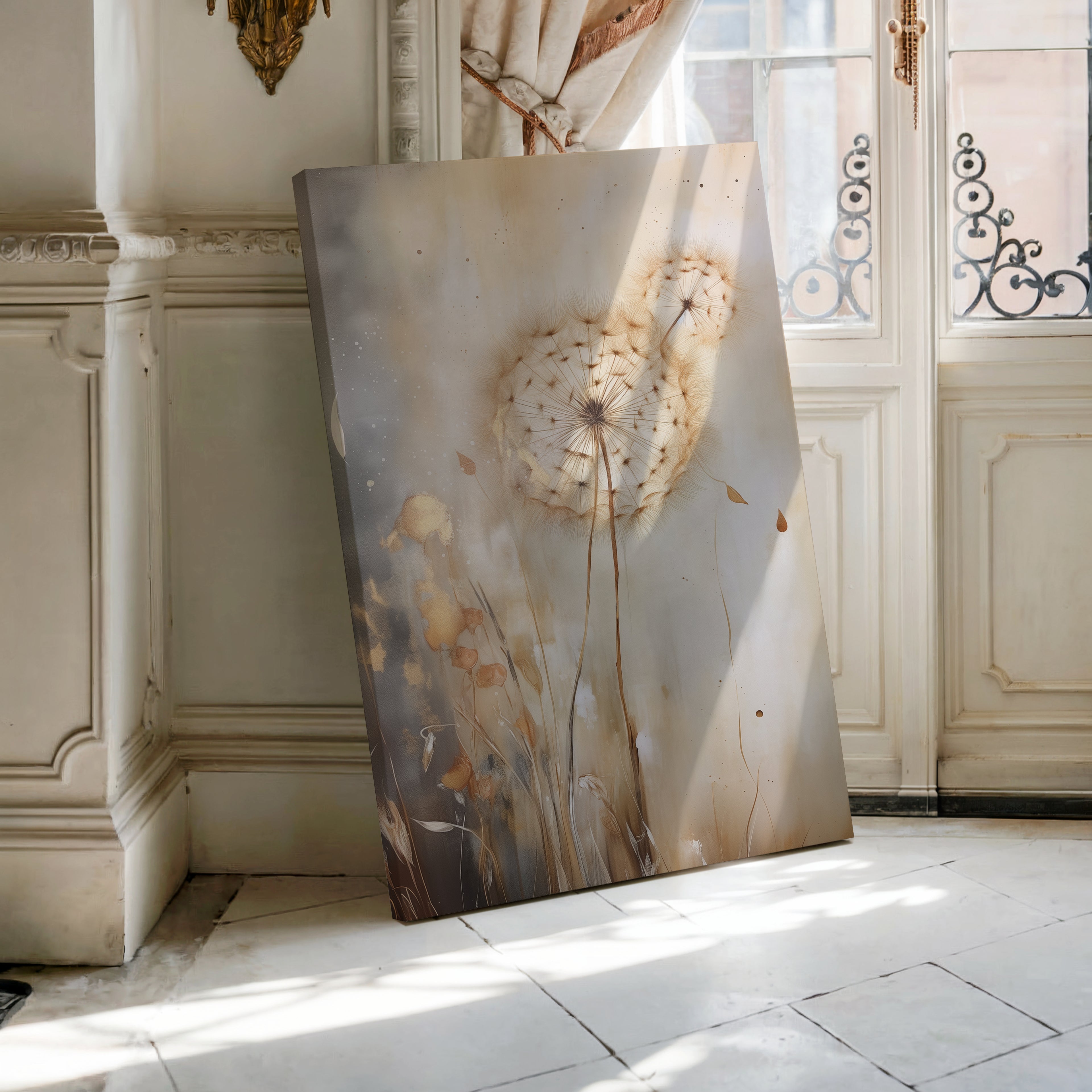 Wandbild „Stimmungsvolle Löwenzahnblüte“ auf Leinwand | Neutrales botanisches Design | Minimalistische Naturdekoration