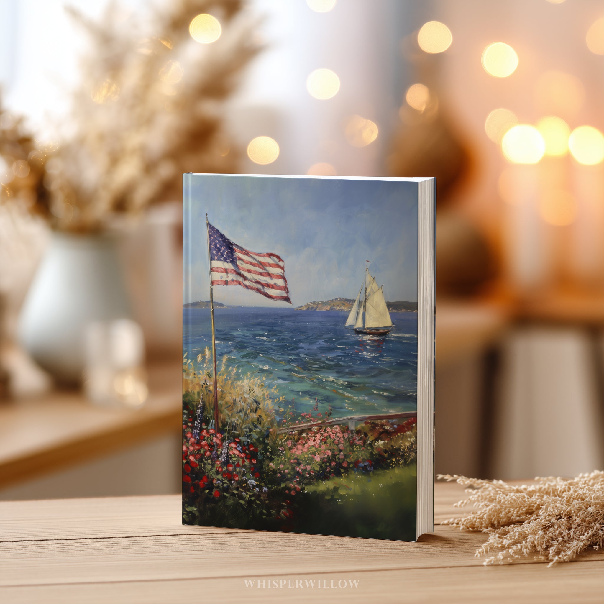 Hardcover-Notizbuch (20,3 x 14,6 cm) | Amerikanische Flagge, patriotischer Garten am Meer | Notizbuch mit Segelbootmotiv – Geschenkidee